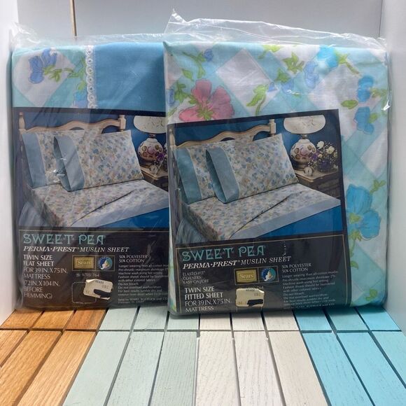 Vintage Sweet Pea Perma-Prest Muslin Twin Flat & Fitted Sheet Floral Sears 1970s - Picture 1 of 5